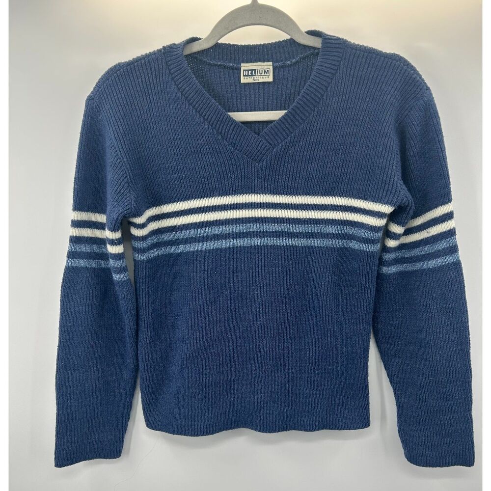 Vintage Y2K Helium Striped V Neck Blue Knit Pullover Sweater Womens M Made USA
